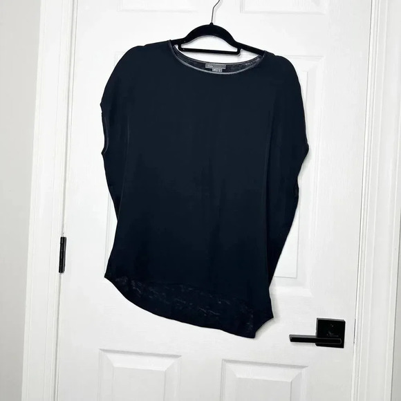 VINCE Size XS Linen Silk Cap Sleeve Top Lamb Leather Trim Relaxed‎ Fit - Picture 1 of 6